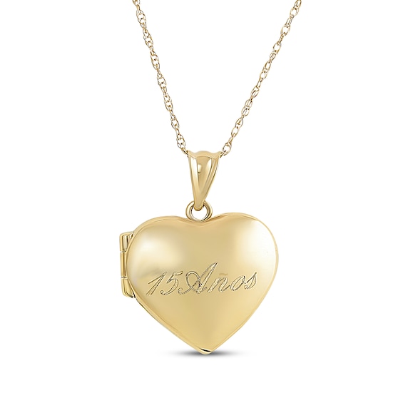 "15 Años" Quinceañera Puffed Heart Locket Necklace 14K Yellow Gold 18"