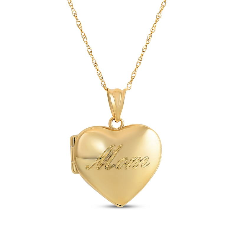 "Mom" Puffed Heart Locket Necklace 14K Yellow Gold 18"