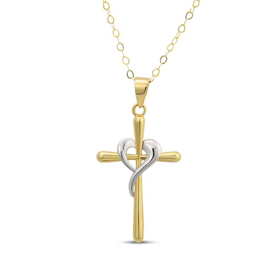 Cross with Heart Necklace 14K Two-Tone Gold 18"