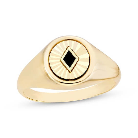 Black Enamel Diamond-Cut Circle Signet Ring 14K Yellow Gold
