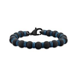 Men's Black Onyx Bead Bracelet Blue & Black Ion-Plated Stainless Steel 8.5&quot;