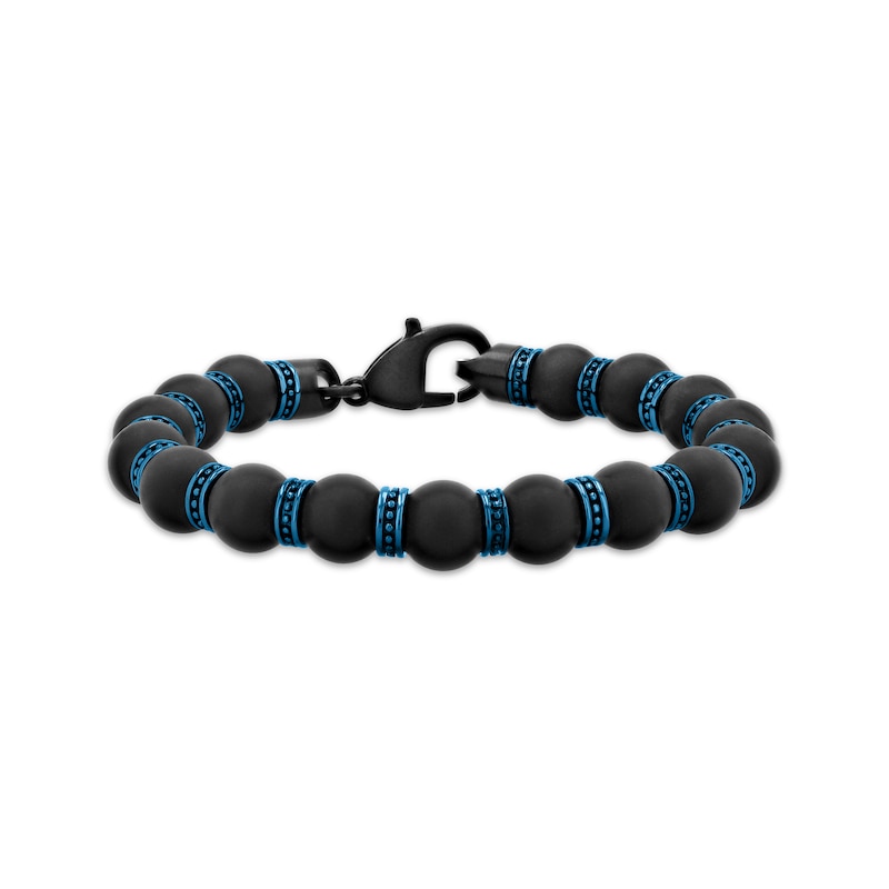 Main Image 1 of Men's Black Onyx Bead Bracelet Blue & Black Ion-Plated Stainless Steel 8.5&quot;