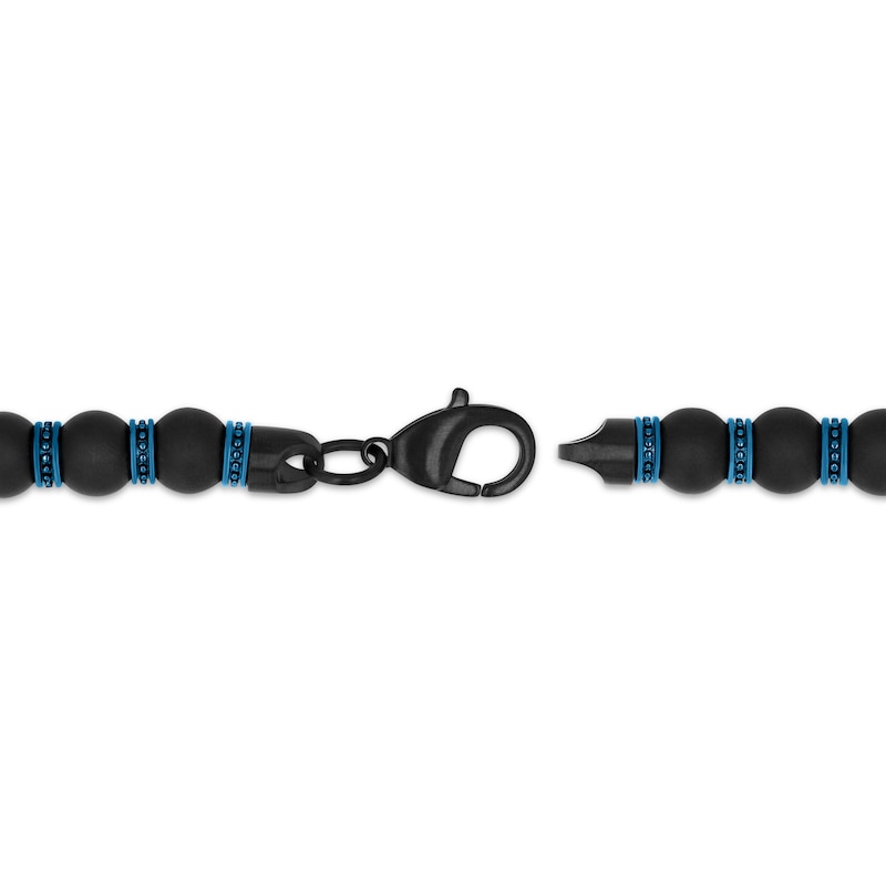 Main Image 3 of Men's Black Onyx Bead Bracelet Blue & Black Ion-Plated Stainless Steel 8.5&quot;