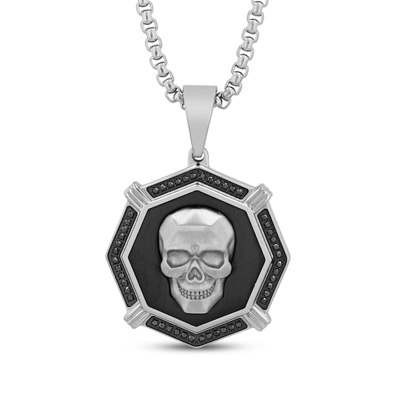 Men's Black Diamond Octagon Skull Necklace 1/4 ct tw Stainless Steel & Black Ion Plating 24"