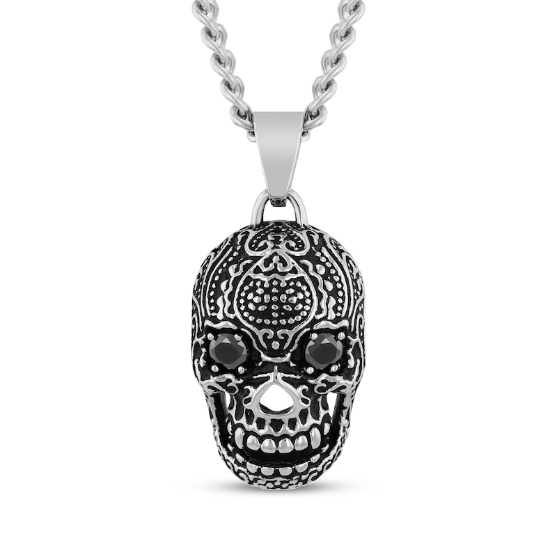 Main Image 1 of Men's Black Spinel Skull Necklace Stainless Steel & Black Ion Plating 24&quot;