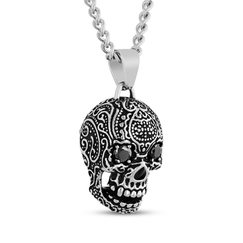 Main Image 2 of Men's Black Spinel Skull Necklace Stainless Steel & Black Ion Plating 24&quot;