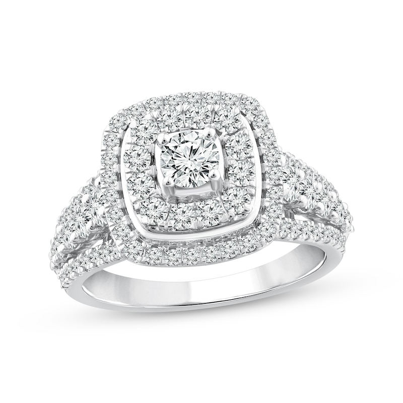 Main Image 1 of Round-Cut Diamond Double Cushion Halo Engagement Ring 1-1/2 ct tw 10K White Gold