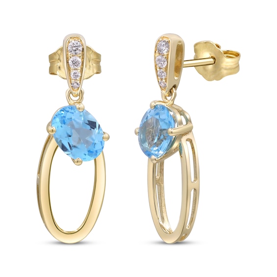 Oval-Cut Swiss Blue Topaz & Diamond Doorknocker Earrings 1/15 ct tw 10K Yellow Gold