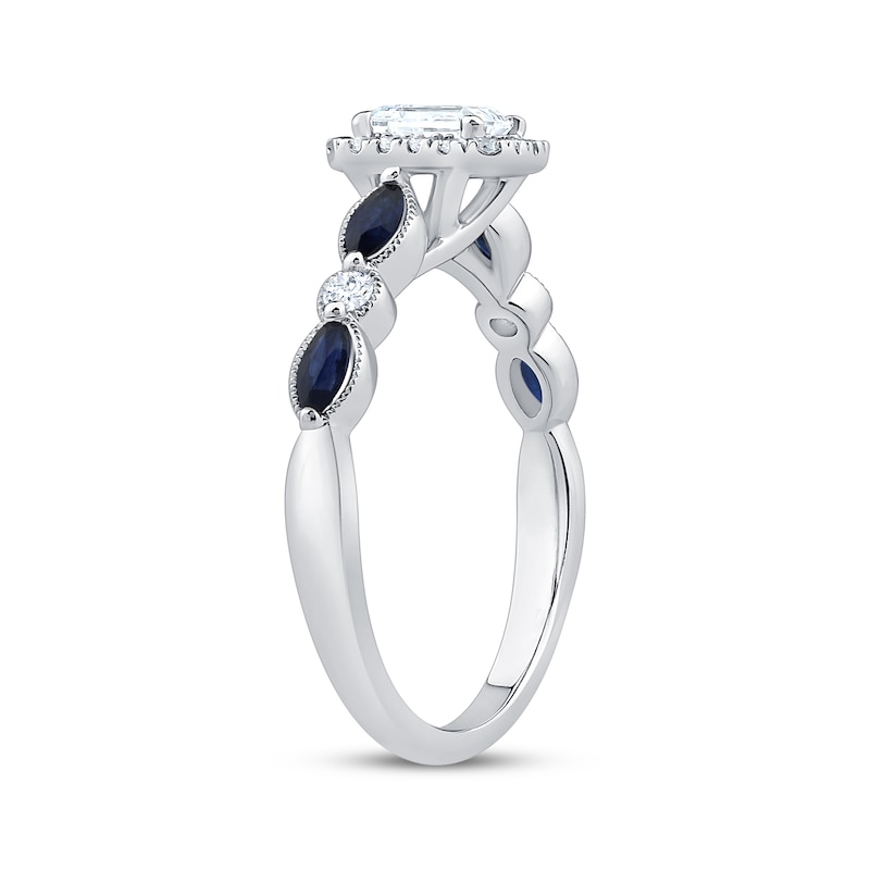 Main Image 2 of Emerald-Cut Diamond & Blue Sapphire Engagement Ring 5/8 ct tw 14K White Gold