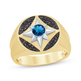 Men's London Blue Topaz & Black Diamond North Star Fashion Ring 1/4 ct tw 10K Yellow Gold