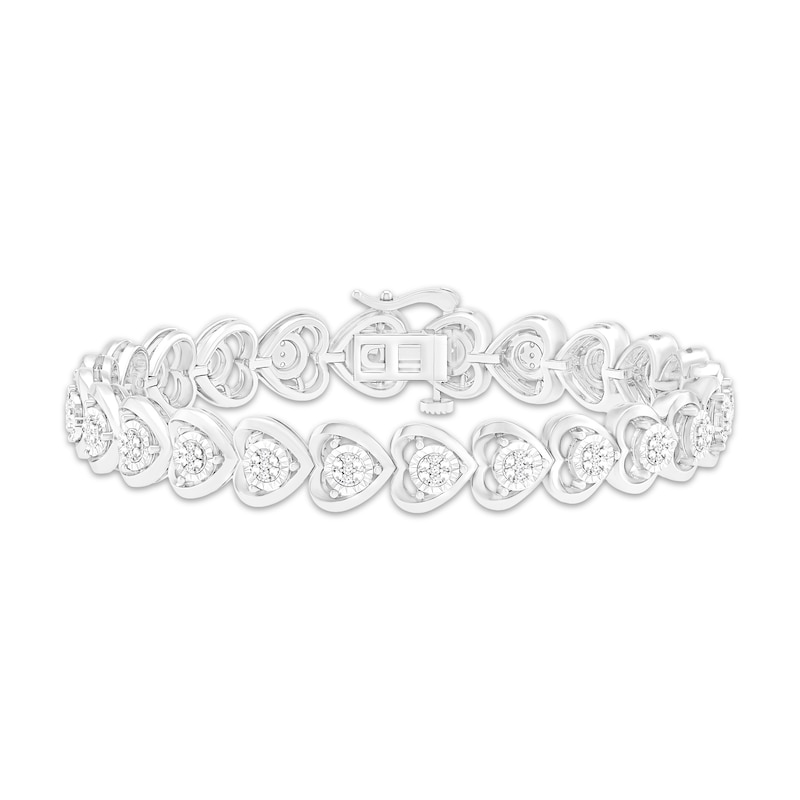 Multi-Diamond Sideways Heart Link Bracelet 1/5 Sterling Silver 7.25"
