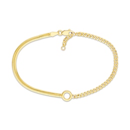 Hollow Herringbone & Curb Chain Bracelet with Circle Charm 14K Yellow Gold 7.5&quot;
