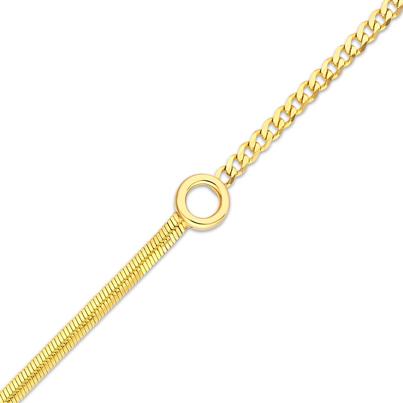 Hollow Herringbone & Curb Chain Bracelet with Circle Charm 14K Yellow Gold 7.5"