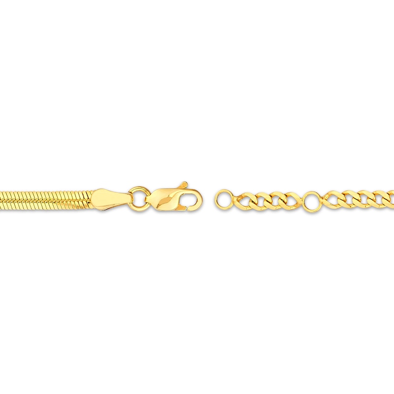 Hollow Herringbone & Curb Chain Bracelet with Circle Charm 14K Yellow Gold 7.5"