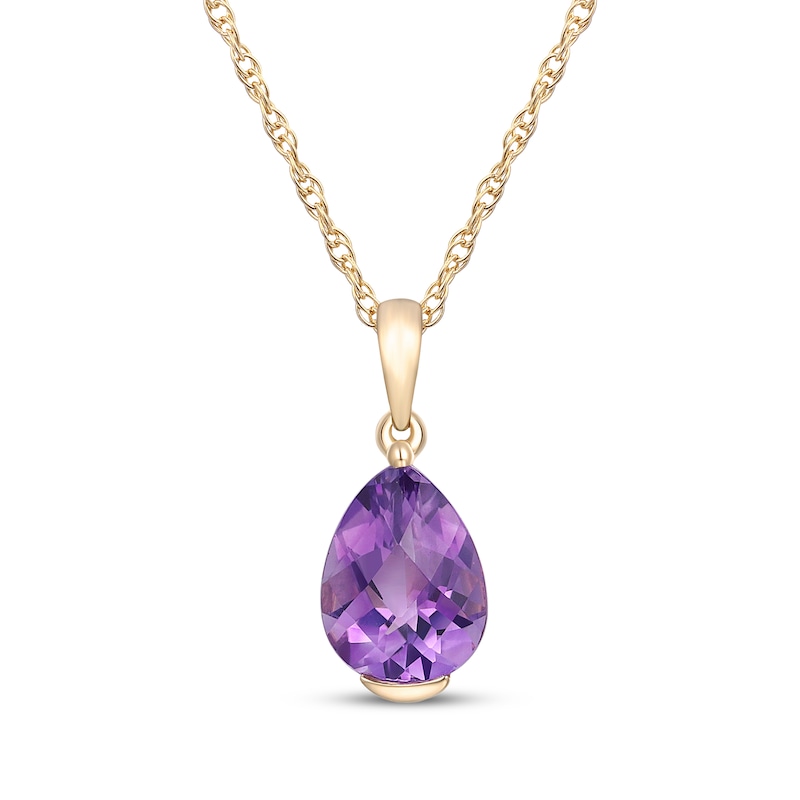 Main Image 1 of Pear-Shaped Amethyst Bezel-Set Solitaire Necklace 10K Yellow Gold 18&quot;