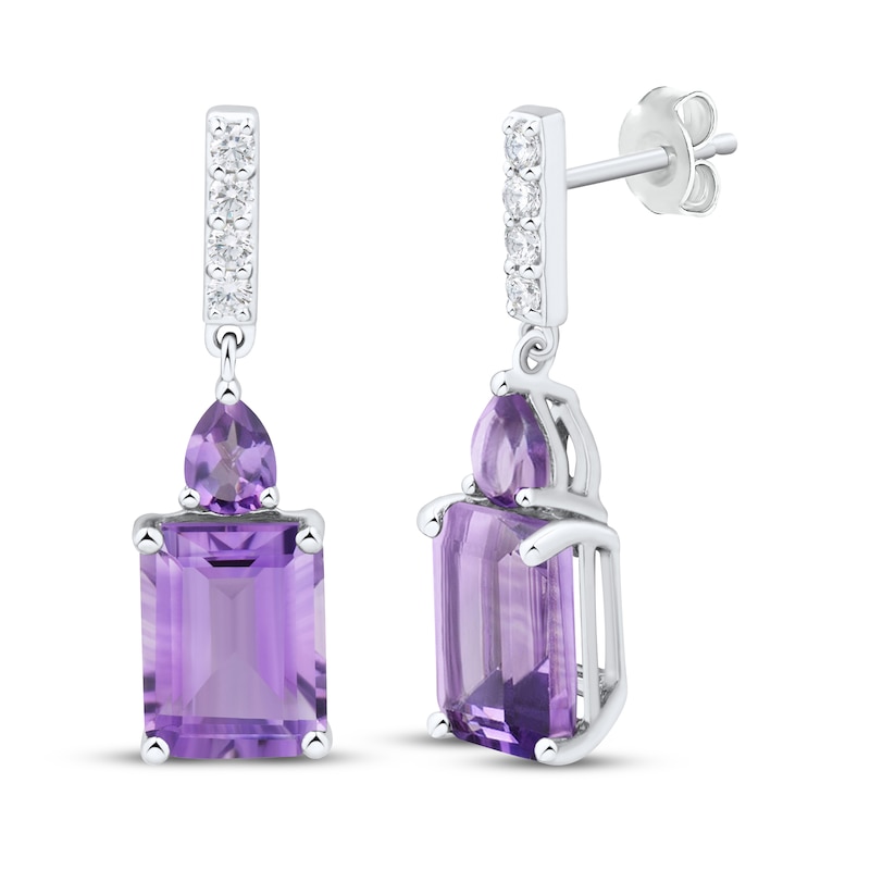 Main Image 1 of Emerald-Cut Amethyst & White Lab-Created Sapphire Dangle Earrings Sterling Silver