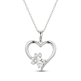 Heart-Shaped White Lab-Created Sapphire Paw Print Heart Necklace Sterling Silver 18&quot;