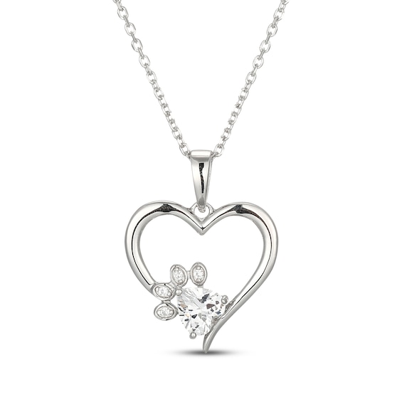 Heart-Shaped White Lab-Created Sapphire Paw Print Heart Necklace Sterling Silver 18"