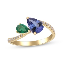 Cirari Couture Pear-Shaped Tanzanite & Emerald Ring 1/6 ct tw Diamonds 14K Yellow Gold