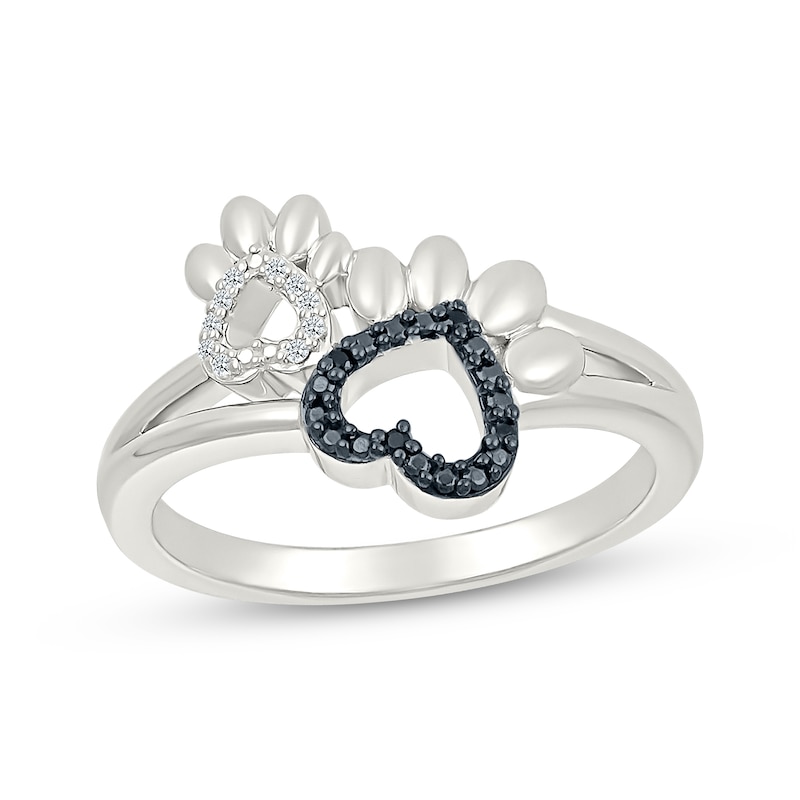 Main Image 1 of Black & White Diamond Heart Paw Print Ring 1/20 ct tw Sterling Silver