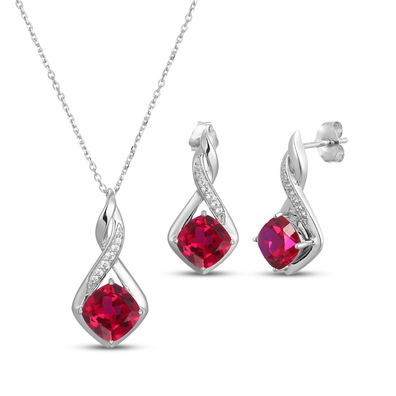 Main Image 1 of Cushion-Cut Lab-Created Ruby & White Lab-Created Sapphire Necklace & Earrings Gift Set Sterling Silver