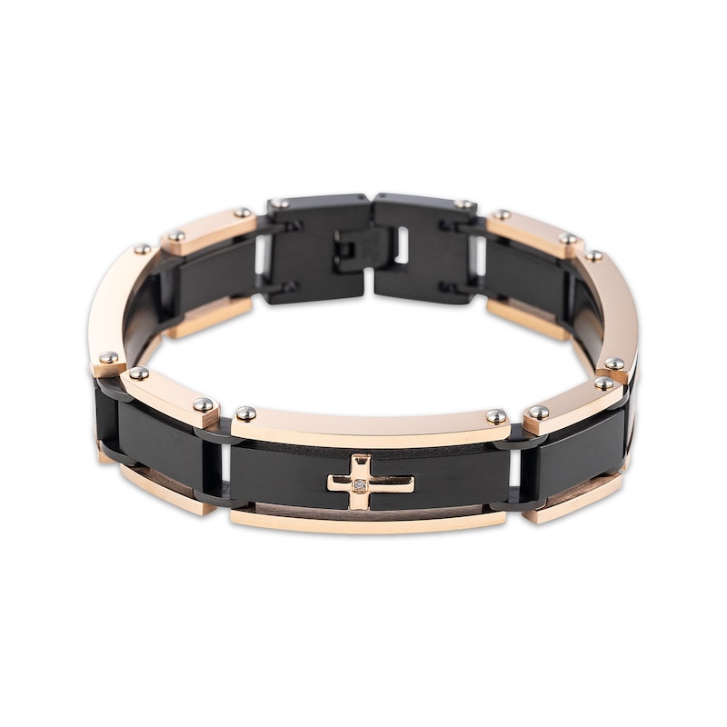 Main Image 1 of Men's Diamond Accent Cross Bracelet Black & Rose Ion-Plated Stainless Steel 8.5&quot;