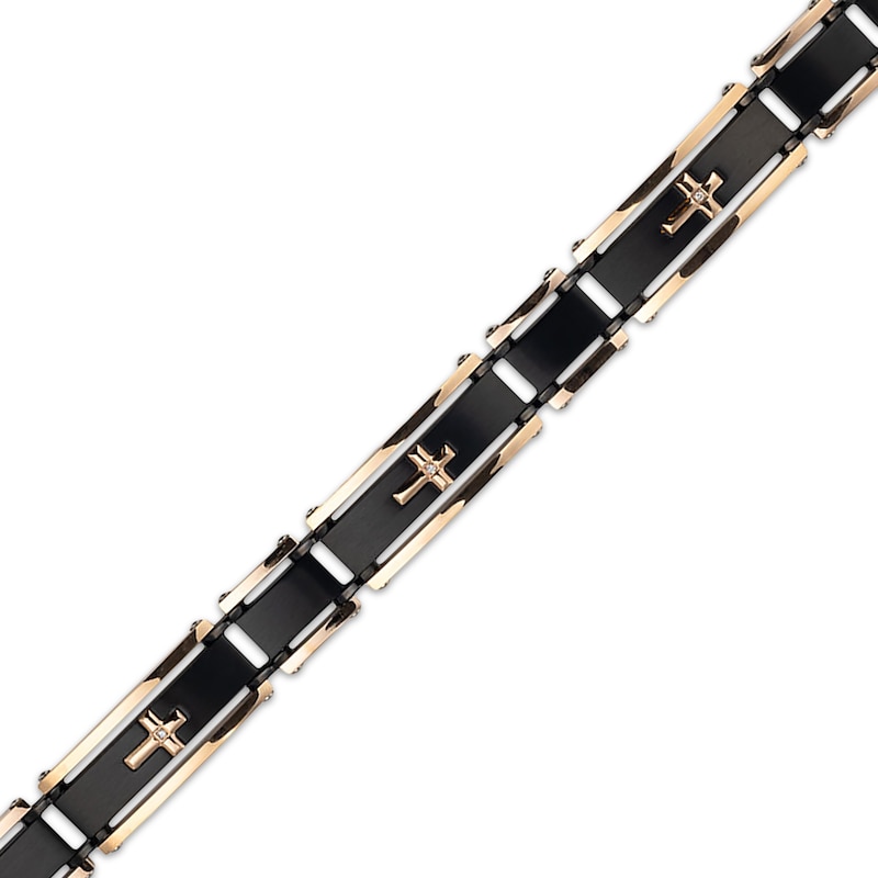 Main Image 3 of Men's Diamond Accent Cross Bracelet Black & Rose Ion-Plated Stainless Steel 8.5&quot;