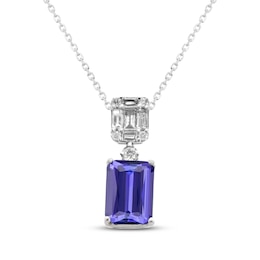 Emerald-Cut Tanzanite & Diamond Necklace 1/5 ct tw 14K White Gold 18&quot;