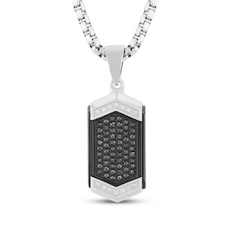 Men's Black & White Diamond Dog Tag Necklace 1/3 ct tw Stainless Steel & Black Ion Plating 24&quot;