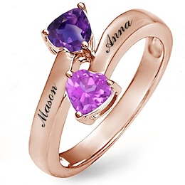 Heart Birthstone Bypass Couple's Ring (2 Stones and Lines)