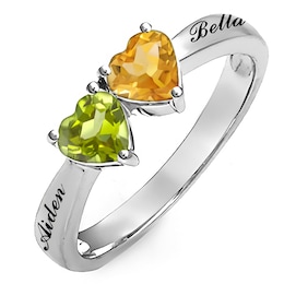 East West Heart Birthstone Couple's Ring (2 Stones and Lines)