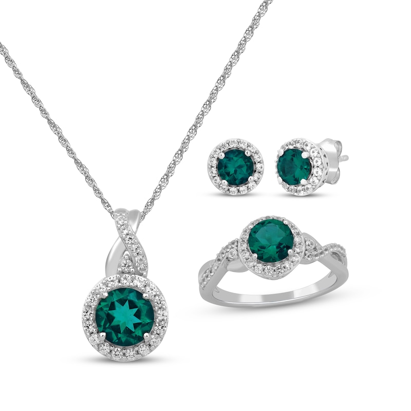 Main Image 1 of Lab-Created Emerald & White Lab-Created Sapphire Gift Set Sterling Silver - Size 7