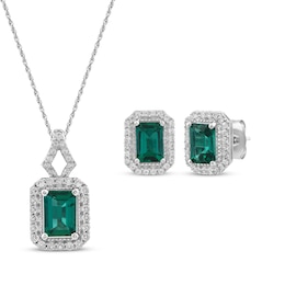 Octagon-Cut Lab-Created Emerald & White Lab-Created Sapphire Gift Set Sterling Silver