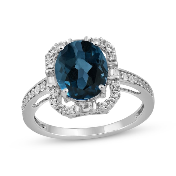 Oval-Cut London Blue Topaz & White Lab-Created Sapphire Cushion Frame Ring Sterling Silver