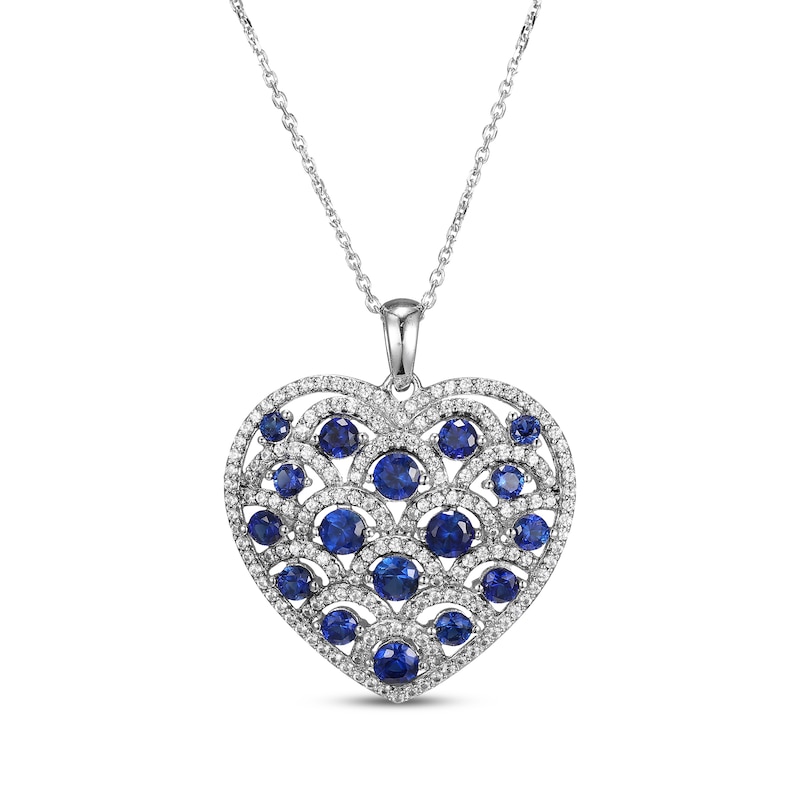 Main Image 1 of Blue & White Lab-Created Sapphire Scalloped Heart Necklace Sterling Silver 18&quot;