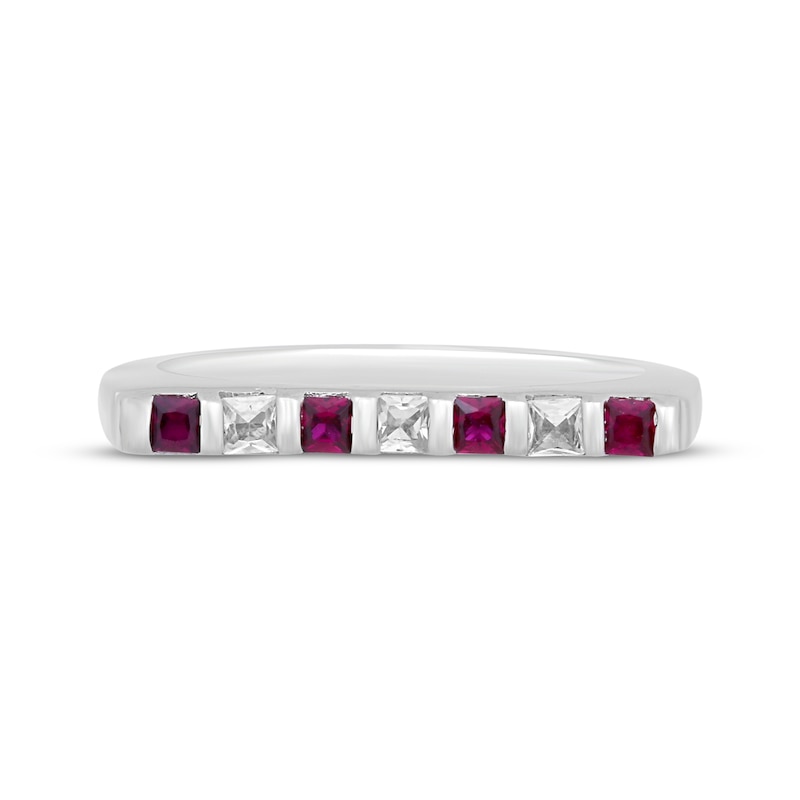 Main Image 3 of Square-Cut Lab-Created Ruby & White Lab-Created Sapphire Flat Top Bar Ring Sterling Silver