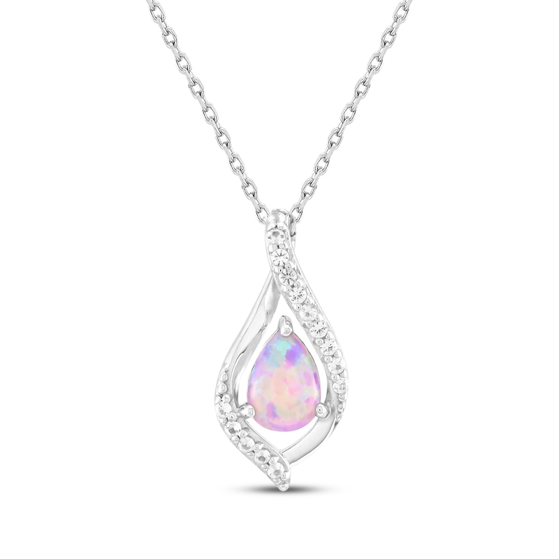 Main Image 1 of Pear-Shaped Pink Lab-Created Opal & White Lab-Created Sapphire Necklace Sterling Silver 18&quot;