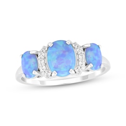 Oval-Cut Blue Lab-Created Opal & White Lab-Created Sapphire Three-Stone Ring Sterling Silver