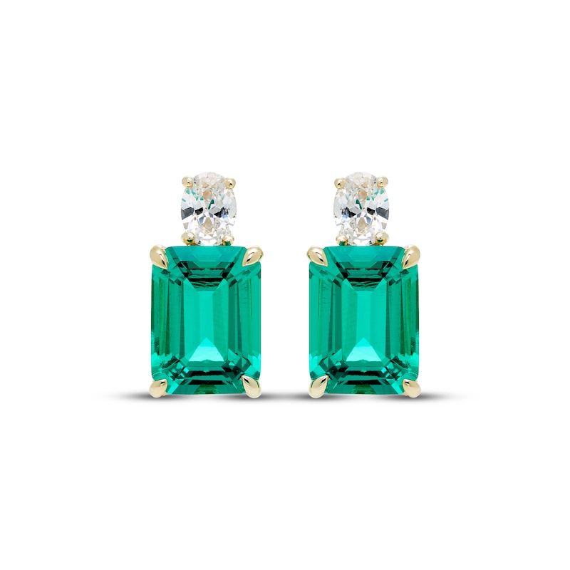 Main Image 2 of Emerald-Cut Lab-Created Emerald & Oval-Cut Lab-Grown Diamond Earrings 3/8 ct tw 14K Yellow Gold