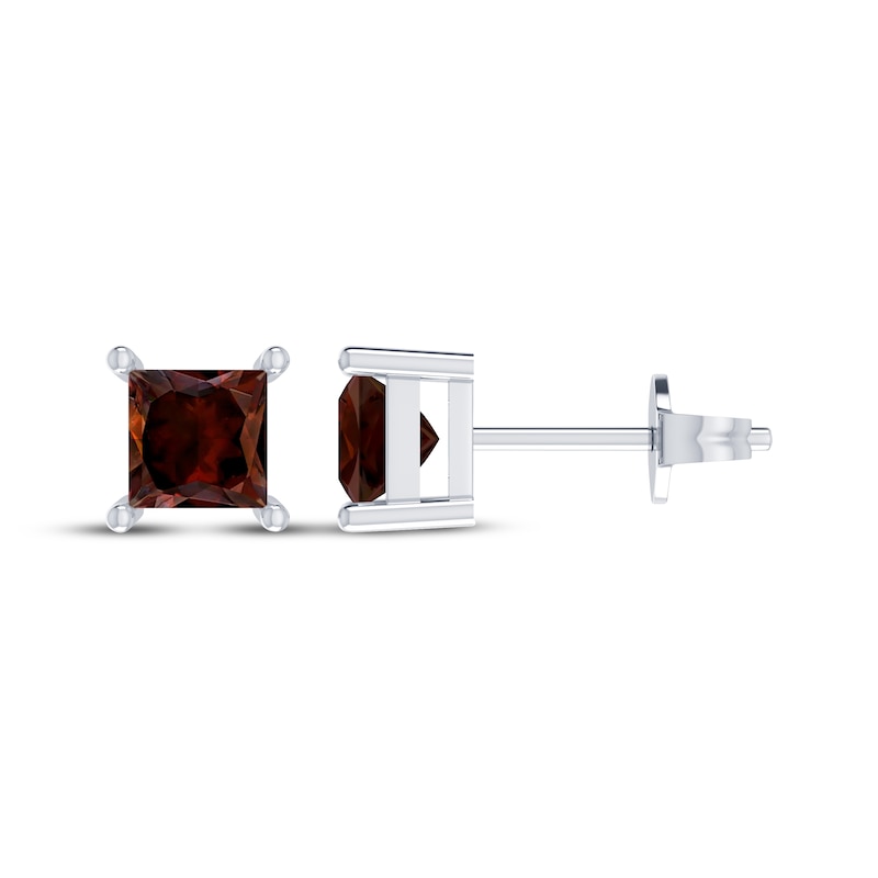 Main Image 1 of Square-Cut Garnet Solitaire Stud Earrings Sterling Silver