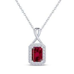 Octagon-Cut Lab-Created Ruby & White Lab-Created Sapphire Halo Necklace Sterling Silver 18&quot;