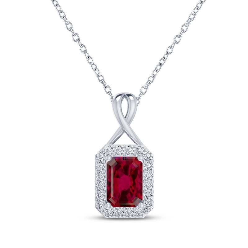 Main Image 1 of Octagon-Cut Lab-Created Ruby & White Lab-Created Sapphire Halo Necklace Sterling Silver 18&quot;