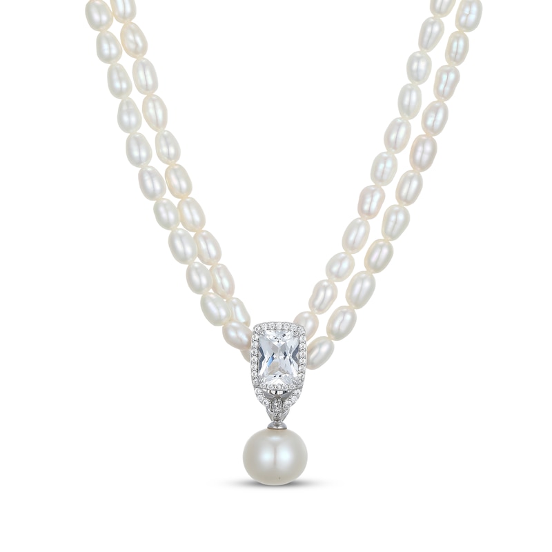 Main Image 2 of White Lab-Created Sapphire & Cultured Pearl Layered Necklace Sterling Silver 17&quot;