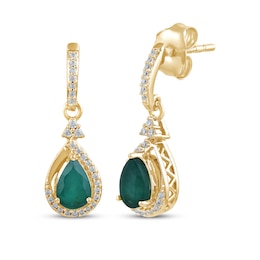 Pear-Shaped Natural Emerald & Diamond Dangle Earrings 1/6 ct tw 14K Yellow Gold