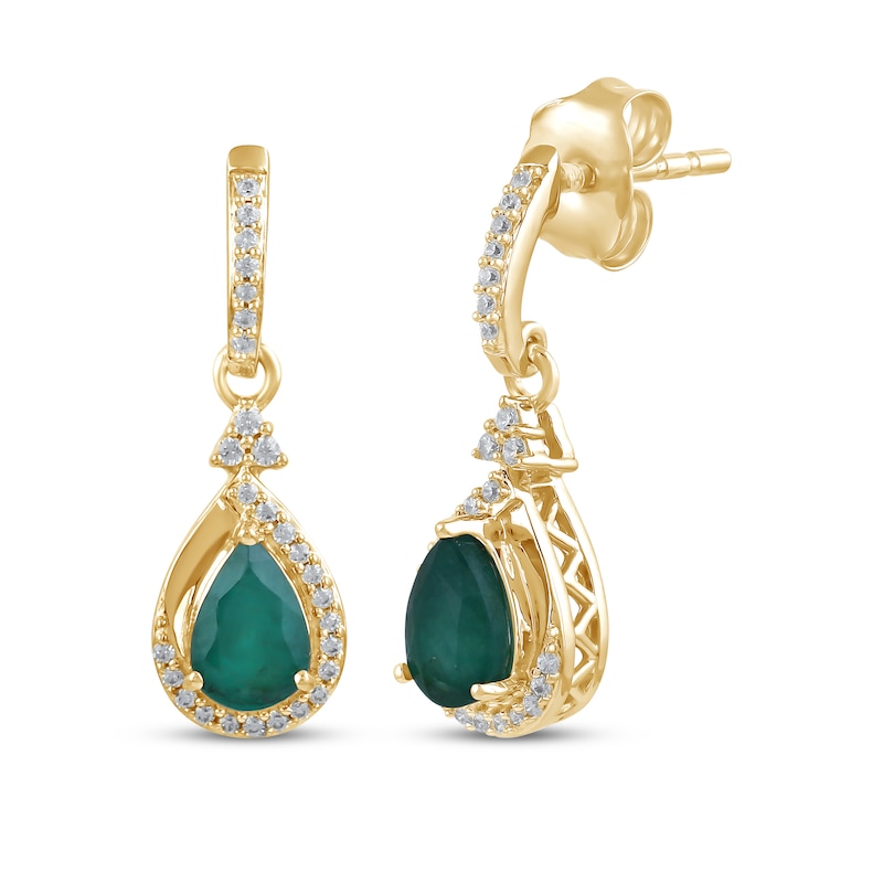 Main Image 1 of Pear-Shaped Natural Emerald & Diamond Dangle Earrings 1/6 ct tw 14K Yellow Gold