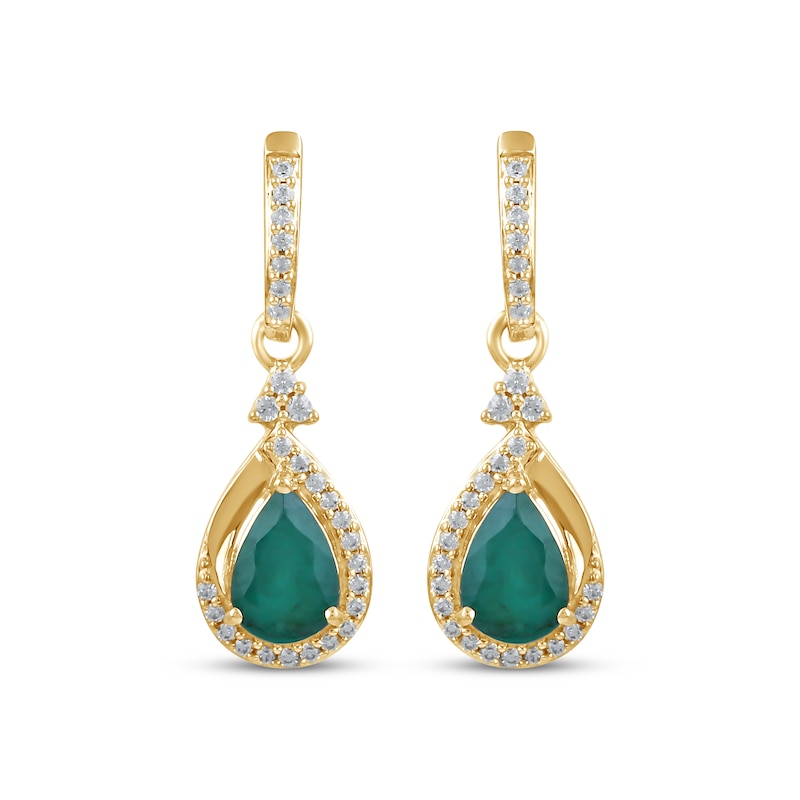 Main Image 2 of Pear-Shaped Natural Emerald & Diamond Dangle Earrings 1/6 ct tw 14K Yellow Gold