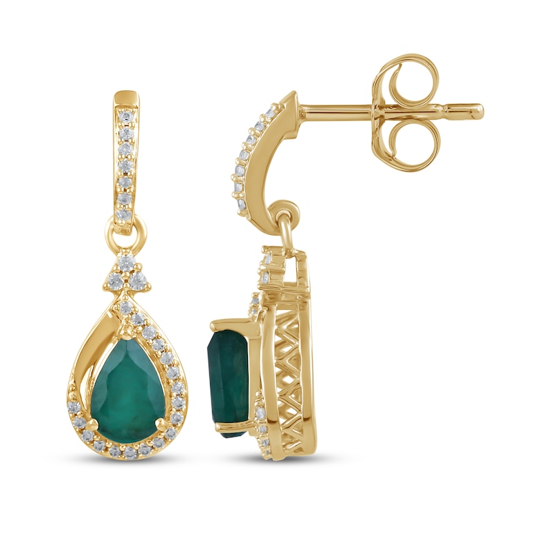 Main Image 3 of Pear-Shaped Natural Emerald & Diamond Dangle Earrings 1/6 ct tw 14K Yellow Gold