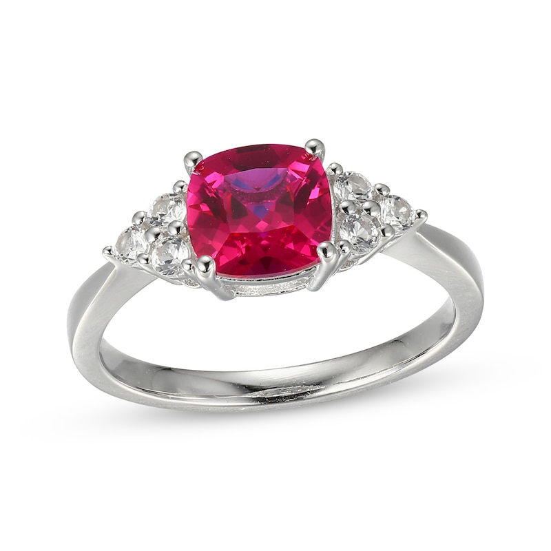 Main Image 1 of Cushion-Cut Lab-Created Ruby & White Lab-Created Sapphire Ring Sterling Silver