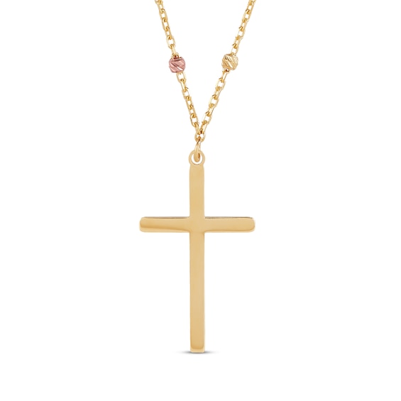 Diamond-Cut Rosary Cross Necklace 14K Tri-Tone Gold 17.75"