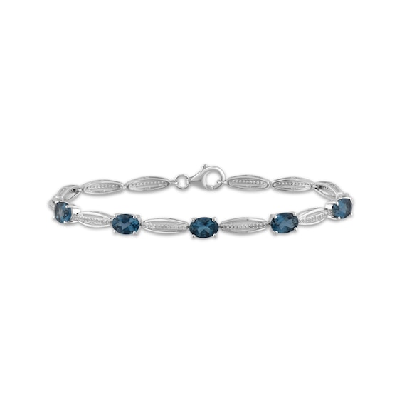 Oval-Cut London Blue Topaz & White Lab-Created Sapphire Link Bracelet Sterling Silver 7.5"